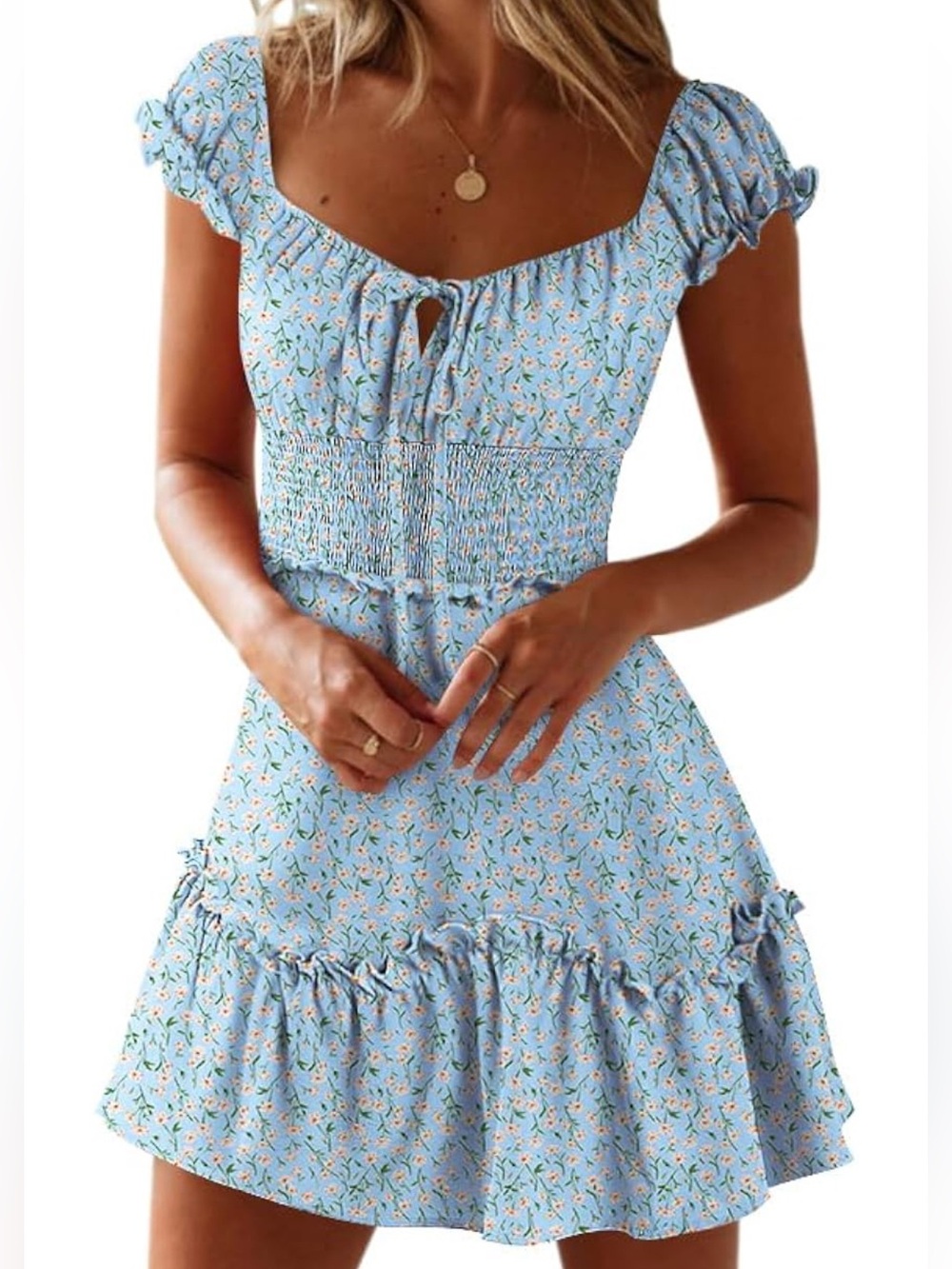 🩵 Light Blue Floral Smocked Waist Mini Dress 🩵